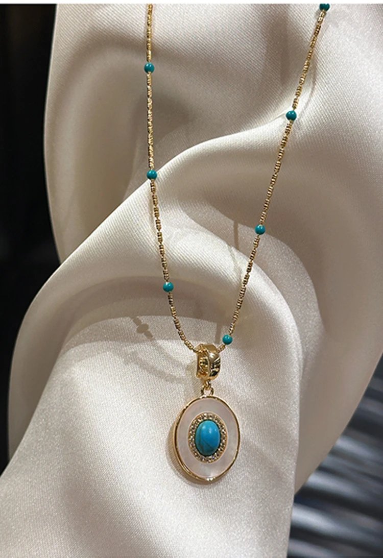 Design Pearl Necklace with Turquoise and Mother-of-Pearl Pendant Gold-Tone Jewelry - 8