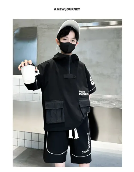 Design Short-Sleeve Hooded Jacket and Shorts Set Black Streetwear Outfit - 20