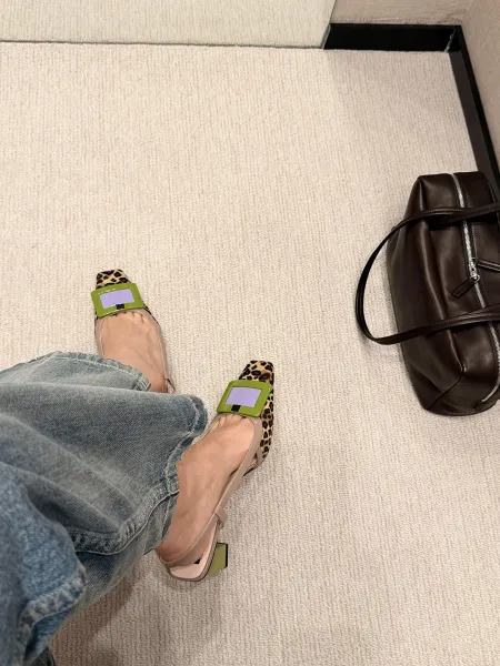 Design Leopard Print Slingback Block Heel with Lime Green Buckle Shoes - 24