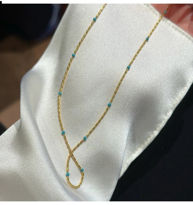 Design Pearl Necklace with Turquoise and Mother-of-Pearl Pendant Gold-Tone Jewelry - 10