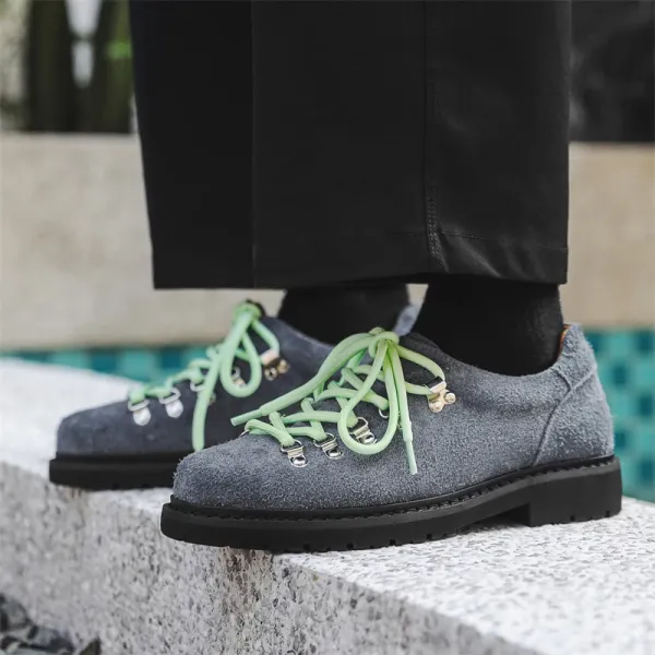 Design Suede Derby Shoes with Mint Green Laces Gray Casual Shoes Leather Shoes - 1