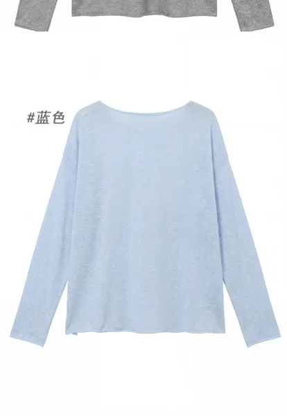 Design Long Sleeve Crewneck Top Light Blue Sweater - 13