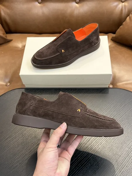 Design Santoni Loafer Slip-On Olive Green Suede with Orange Sole Casual Shoes Loafers - 40