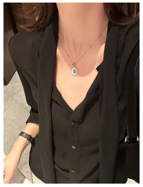 Design Pearl Necklace with Turquoise and Mother-of-Pearl Pendant Gold-Tone Jewelry - 18