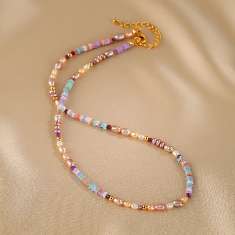 Design Multicolor Beaded Pearl Necklace with Gold Chain Jewelry