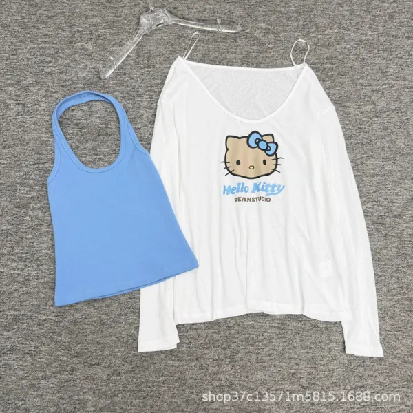 Hello Kitty x REYANSTUDIO Graphic Long Sleeve Cami Top Set in White and Blue - 1