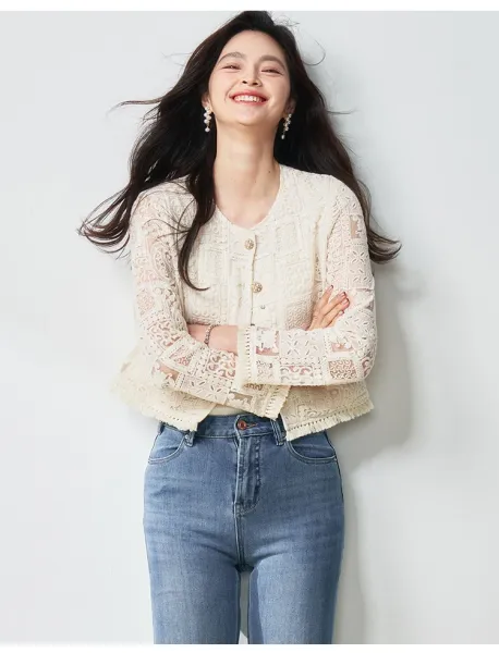 Design Lace Cropped Cardigan Beige Outerwear - 22