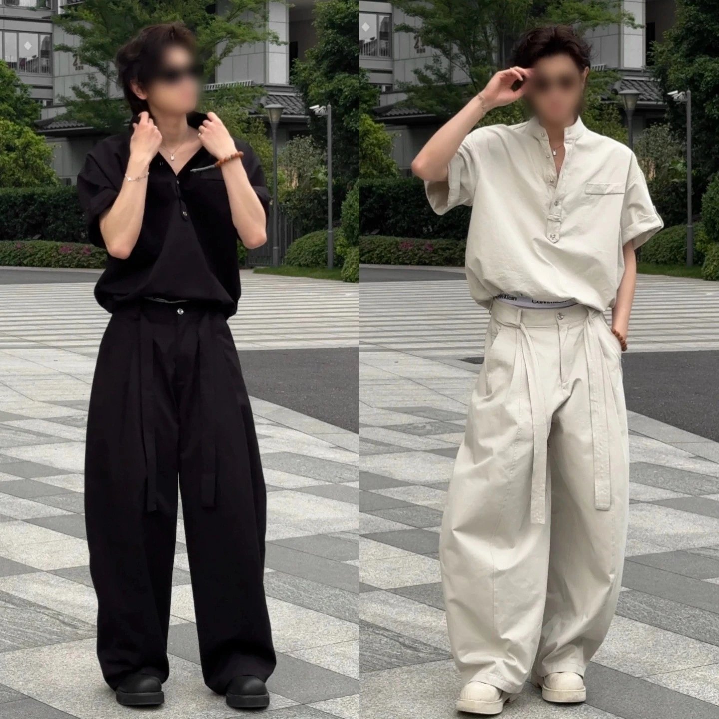 Men's Two-Piece Set: Stand-Collar Short-Sleeve Shirt with Wide-Leg Pants, Old Money Style Casual Trendy Streetwear