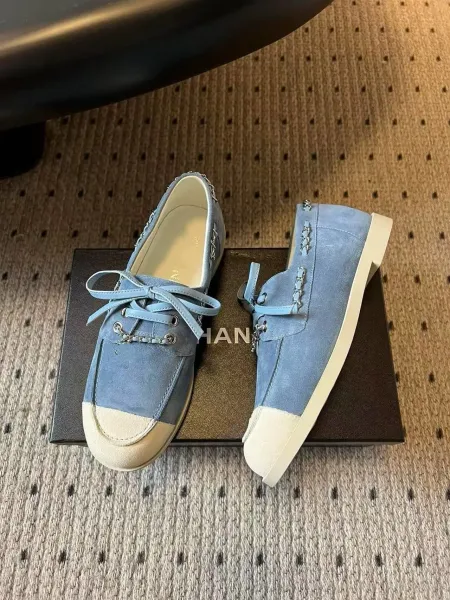 Chanel Boat Shoes Light Blue Suede Two-Tone with Chain Detail - 23