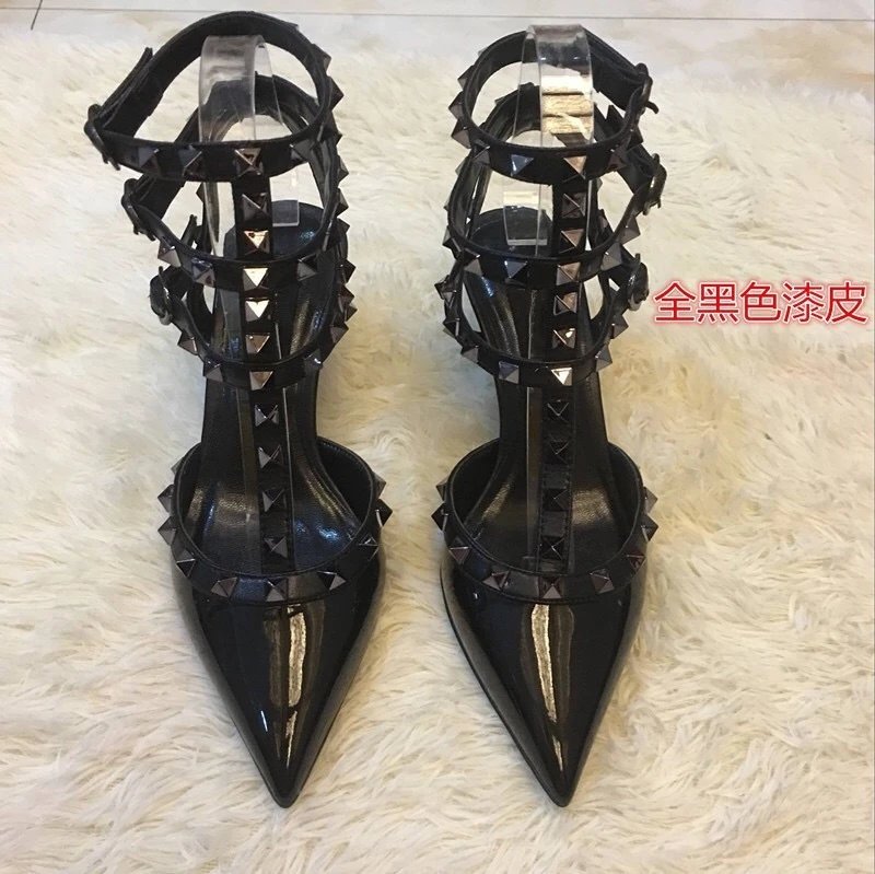 Valentino Rockstud Spike Strappy Stiletto Heels Black Patent Leather