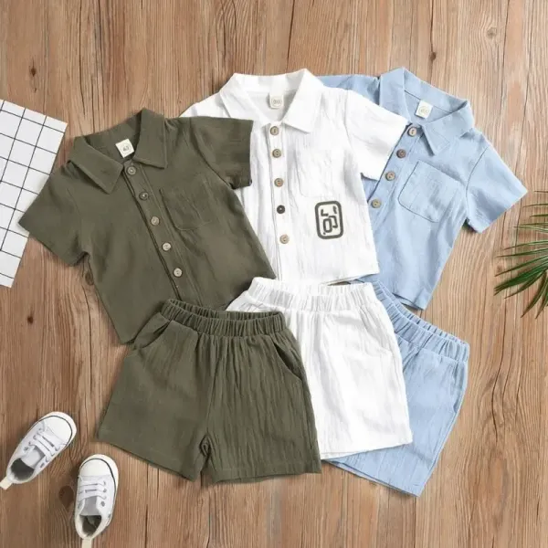 Design Short-Sleeve Collared Shirt and Shorts Set Light Blue Kids Casual Set - 2