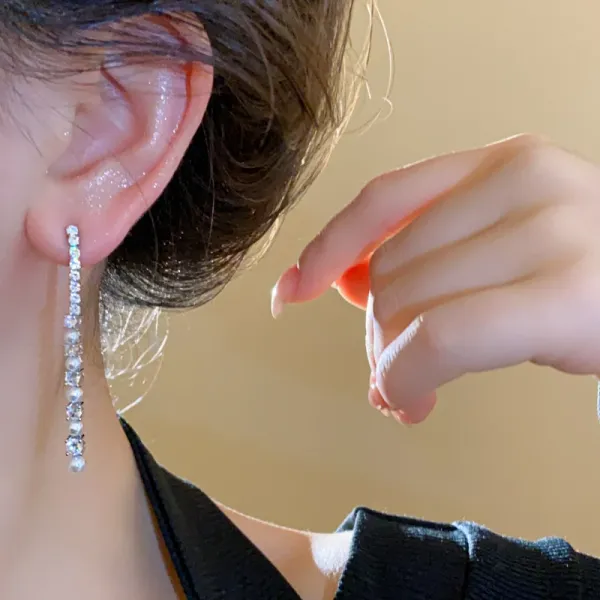 Design Pearl and Crystal Linear Drop Earrings Silver Jewelry - 7