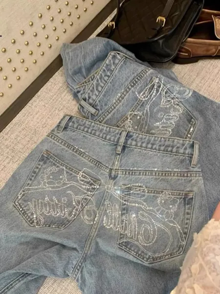 Hello Kitty x Swarovski Embellished Denim Jeans Light Blue - 3