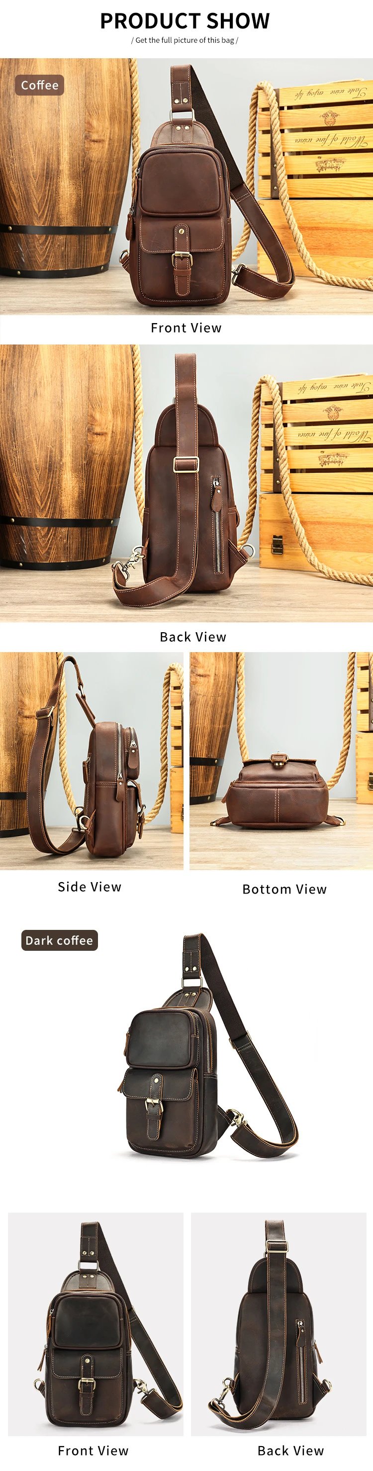 Design Vintage Leather Chest Bag Brown Crossbody Bags - 7