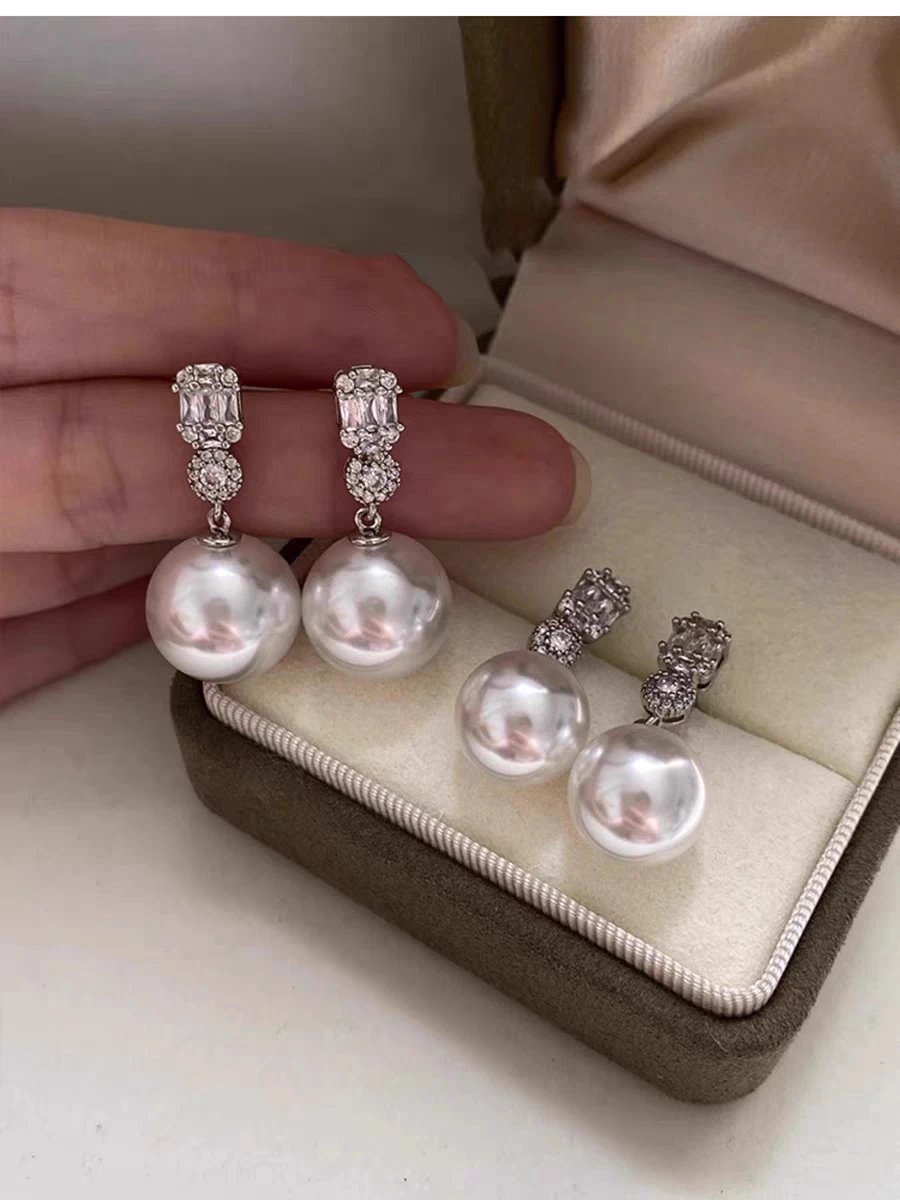 Design Platinum Gray 12MM Pearl Earrings with Baguette and Round CZ Jewelry - 10