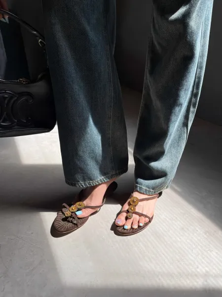 Design Embellished Suede Thong Sandals in Dusty Gray - 22