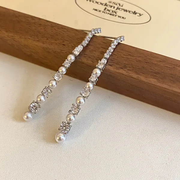 Design Pearl and Crystal Linear Drop Earrings Silver Jewelry - 9