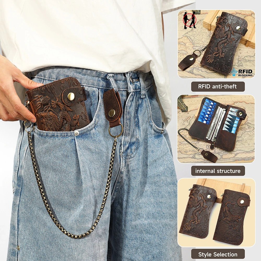 Leather Dragon Embossed Brown Chain Wallet Biker Style