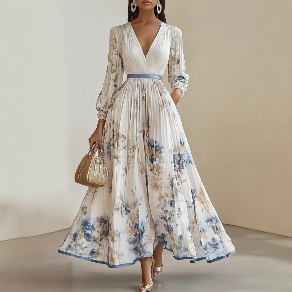 Design Floral Pleated V-Neck Maxi Dress in White with Blue and Beige Accents - 5