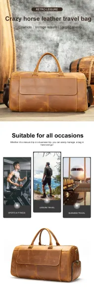 Design Vintage Leather Duffle Bag Tan Travel Bag - 3