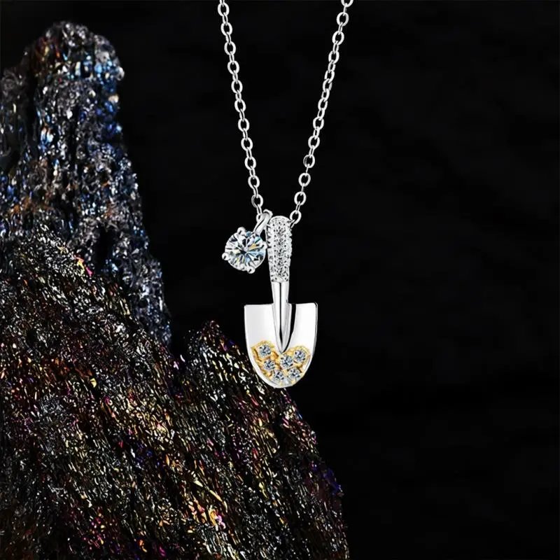 Shiny Shovel Pendant Necklace Silver Gold Crystal Charm