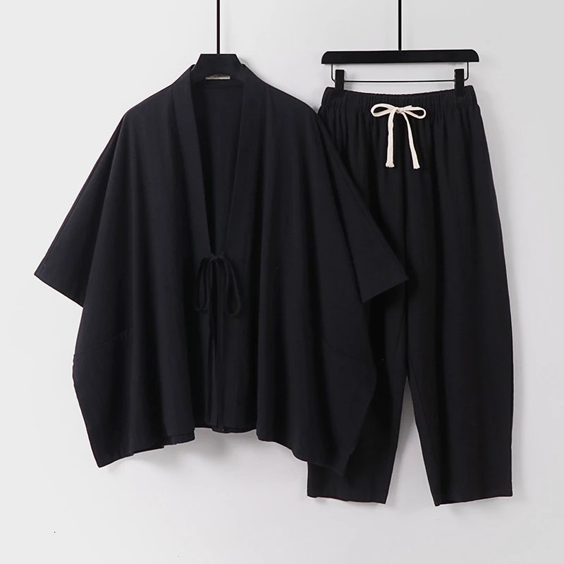 Design Kimono-Style Wrap Top and Drawstring Pants Set Navy - 3
