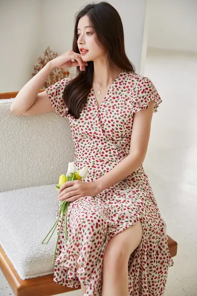 Design Red Floral Wrap Maxi Dress with Ruffle Sleeves Dress - 10