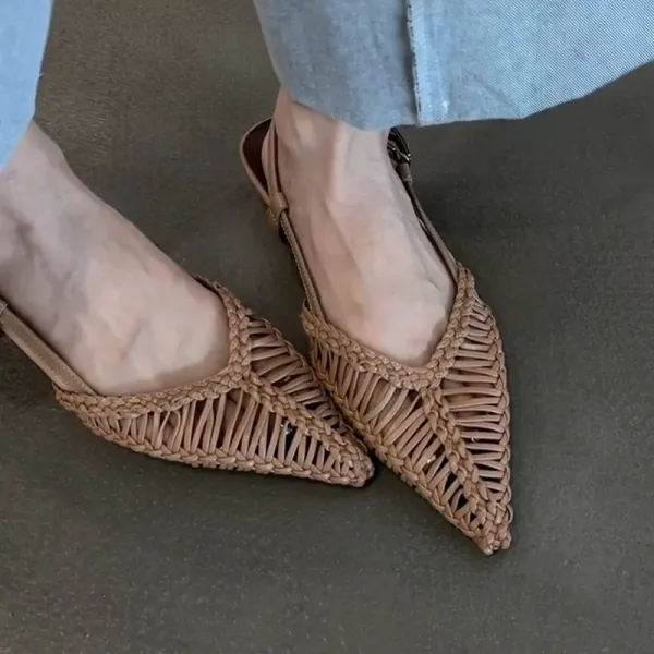 Bottega Veneta Woven Leather Slingback Flats Beige Leather Shoes - 1