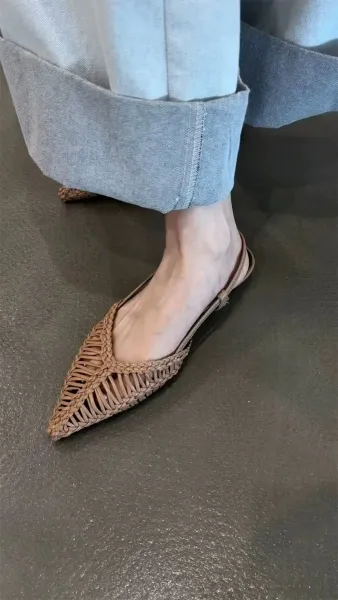 Bottega Veneta Woven Leather Slingback Flats Beige Leather Shoes - 2