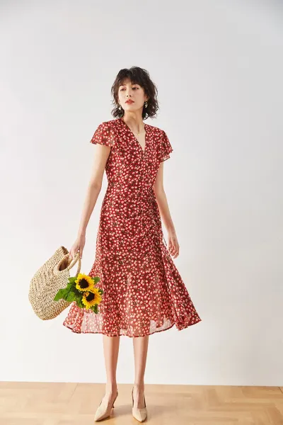 Design Red Floral Wrap Maxi Dress with Ruffle Sleeves Dress - 17