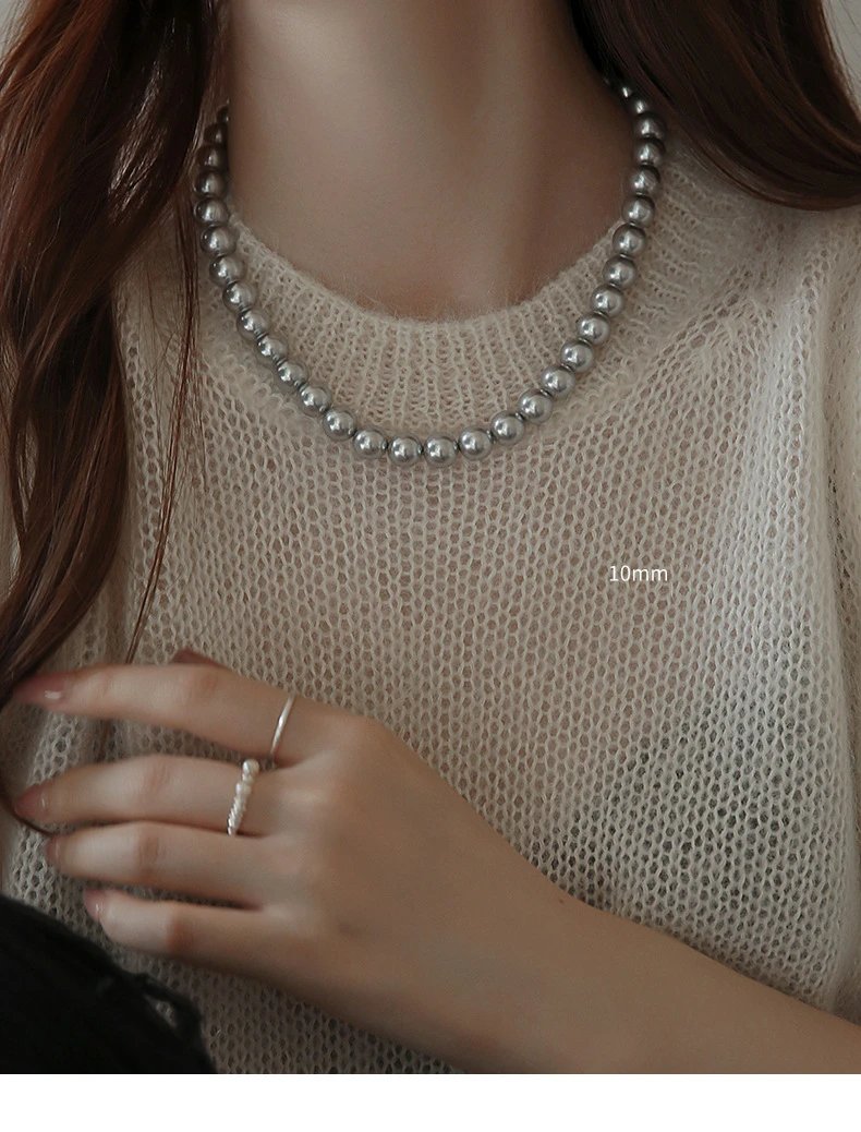 Design Pearl Bead Necklace Silver Gray Jewelry - 22