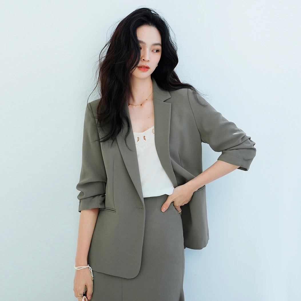 Olive Green Tailored Blazer And Skirt Set Professional Two Piece Suit