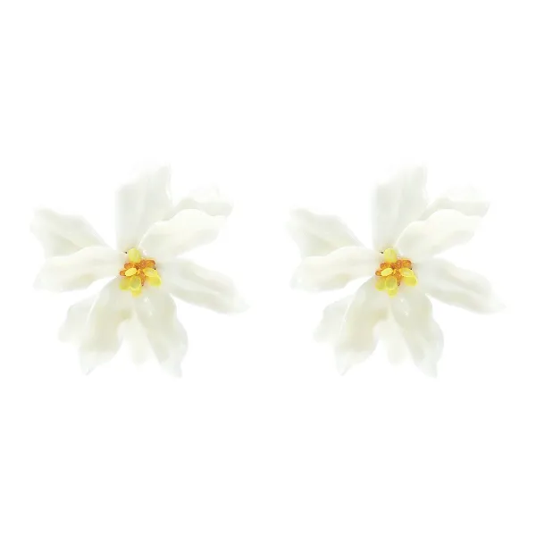 Design Floral Ceramic Stud Earrings White with Yellow Center Jewelry - 1