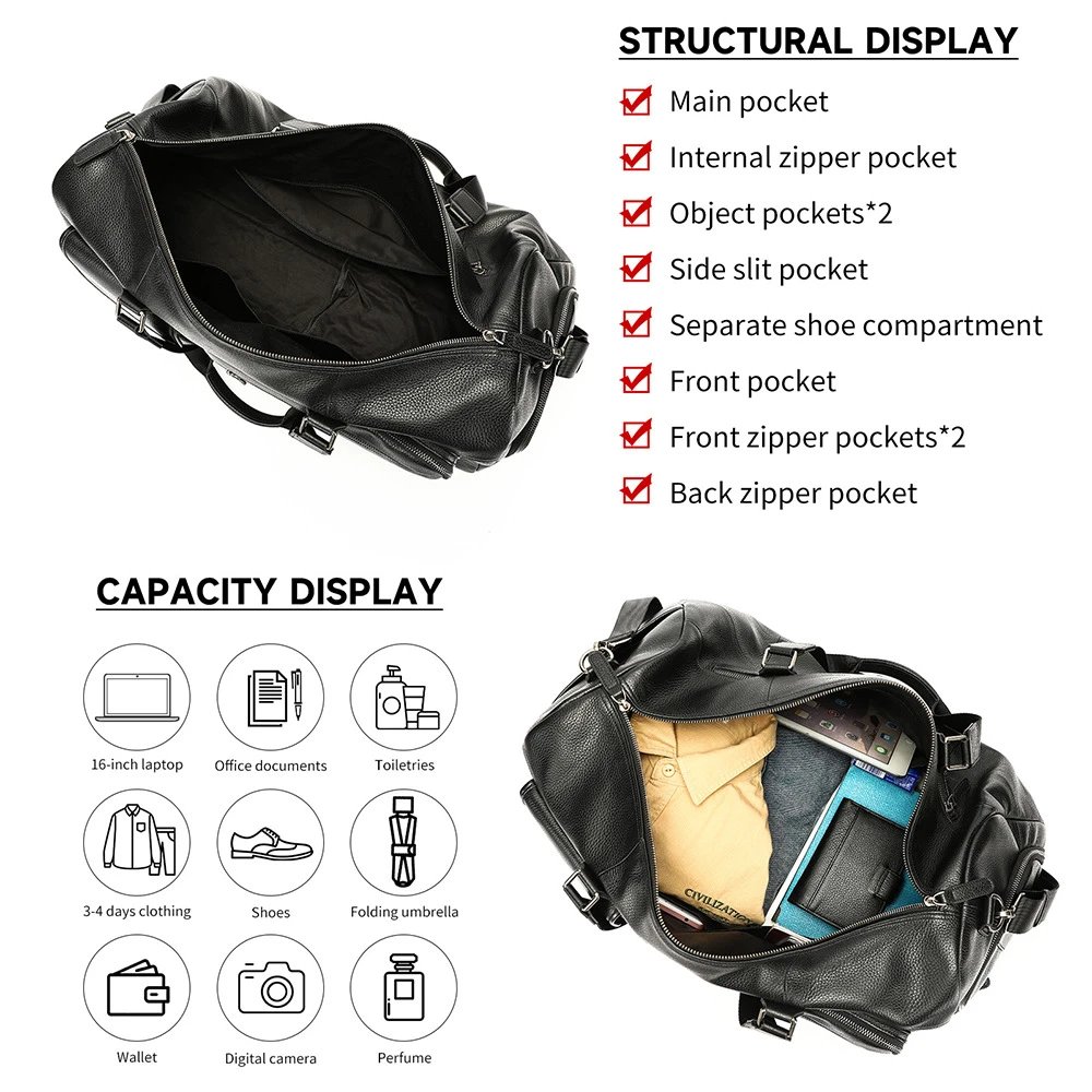Black Pebbled Leather Duffel Bag Travel Style
