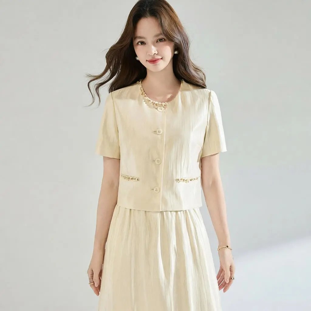 Cream Linen Blend Short Sleeve Blazer and Midi Skirt Set Elegant Two Piece Outfit