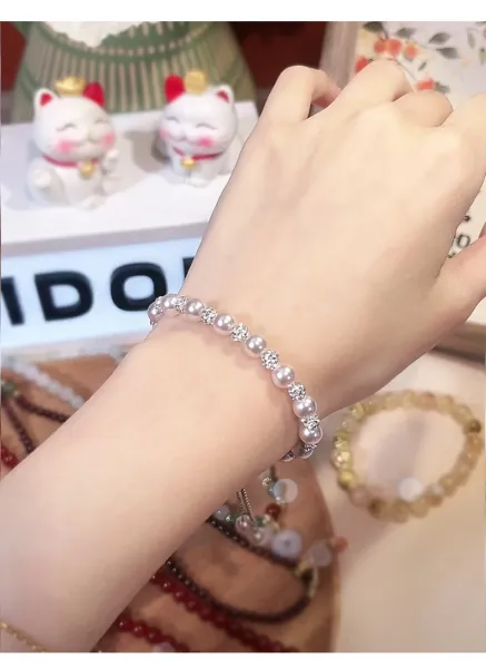 Design Pearl and Crystal Beaded Adjustable Bracelet Pink Silver Jewelry - 3