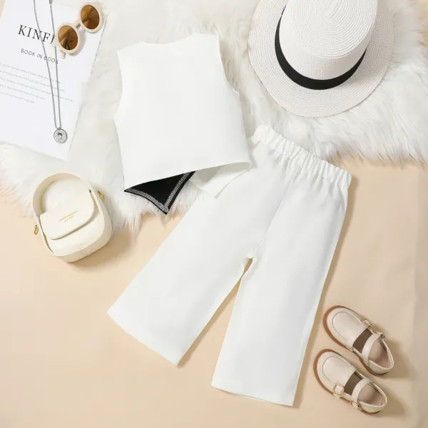 Design Two-Tone Button-Trim Top and Wide-Leg Pants Set White / Black - 6