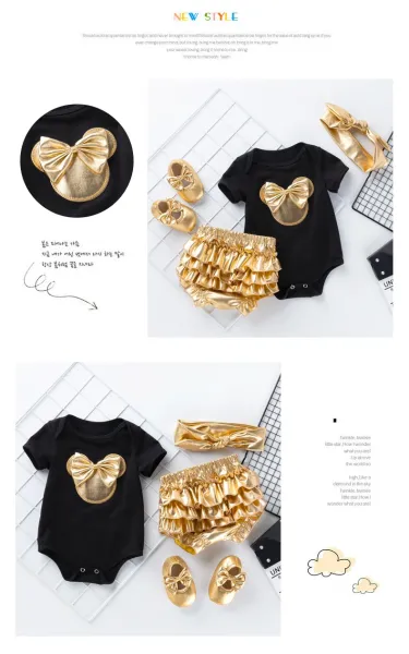 Design Minnie Mouse Leopard Print 'My 1st Birthday' White Bodysuit Set with Gold Ruffled Shorts, Headband and Shoes Sets - 16