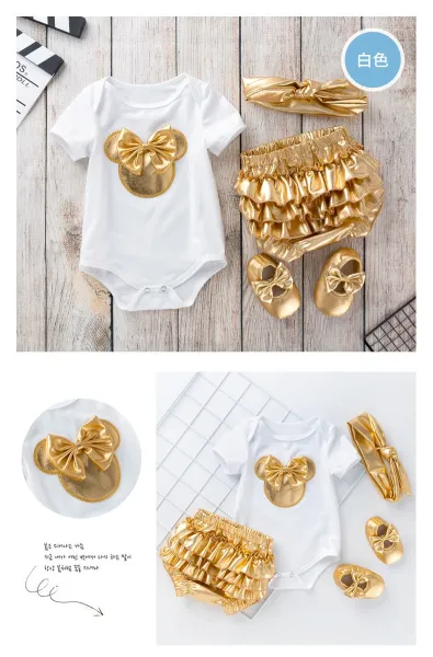 Design Minnie Mouse Leopard Print 'My 1st Birthday' White Bodysuit Set with Gold Ruffled Shorts, Headband and Shoes Sets - 18
