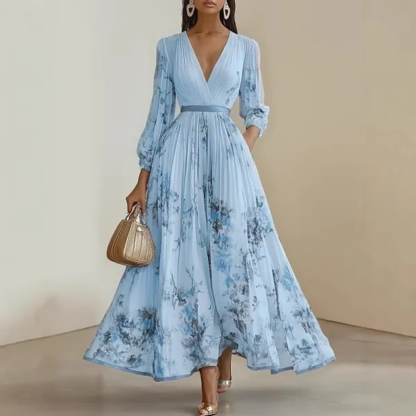 Design Floral Pleated V-Neck Maxi Dress in White with Blue and Beige Accents - 14