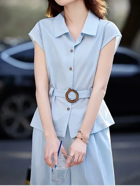 Design Sleeveless Shirt and Wide-Leg Pants Set Navy - 4