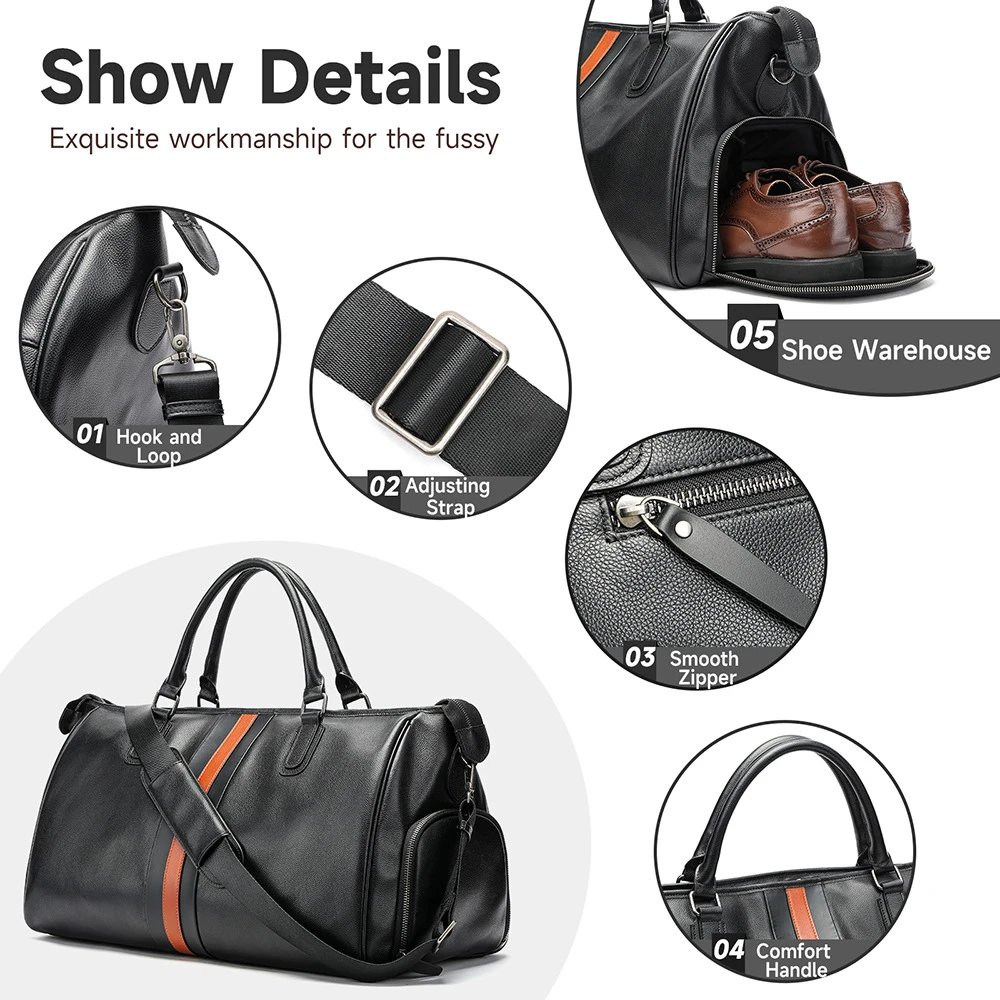 Leather Duffel Bag Black Orange Stripe Travel Gym Bag