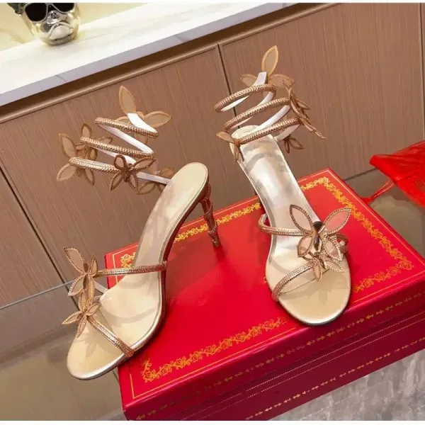 Design Butterfly Embellished Gold Stiletto Heels - 4