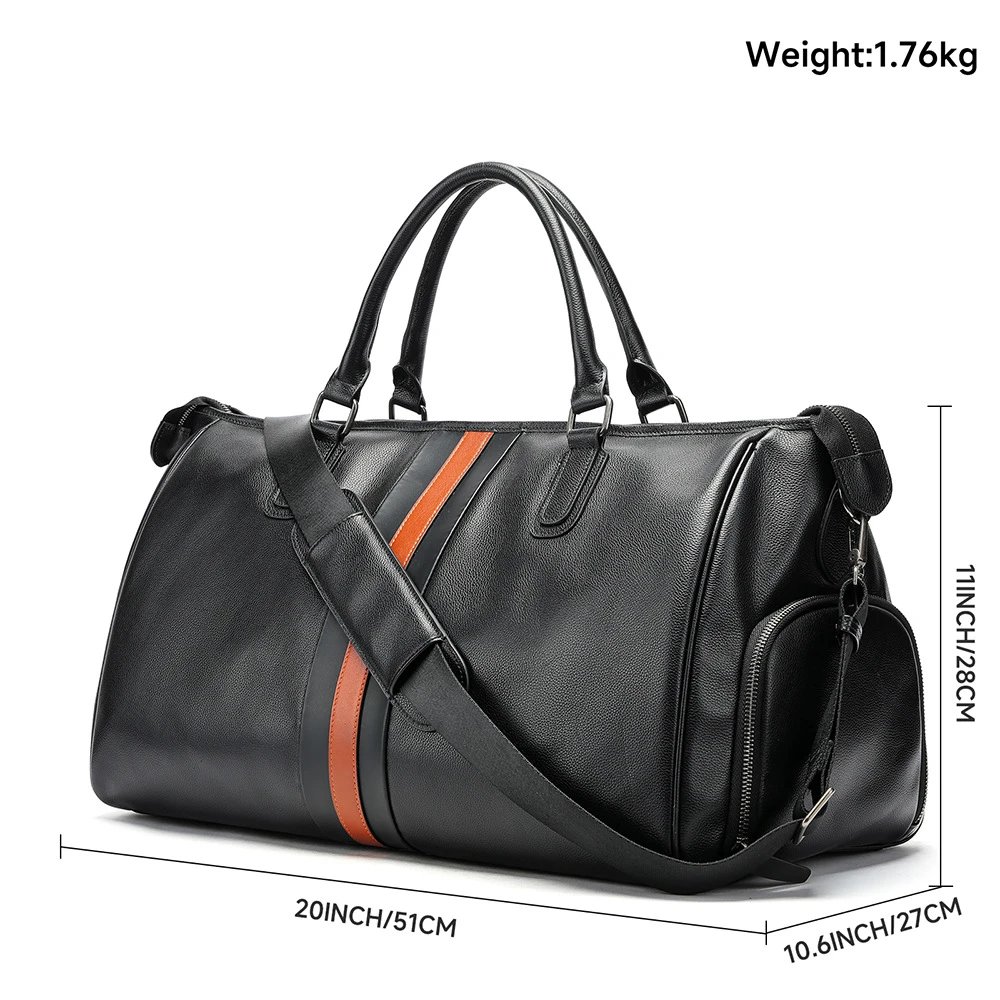 Leather Duffel Bag Black Orange Stripe Travel Gym Bag