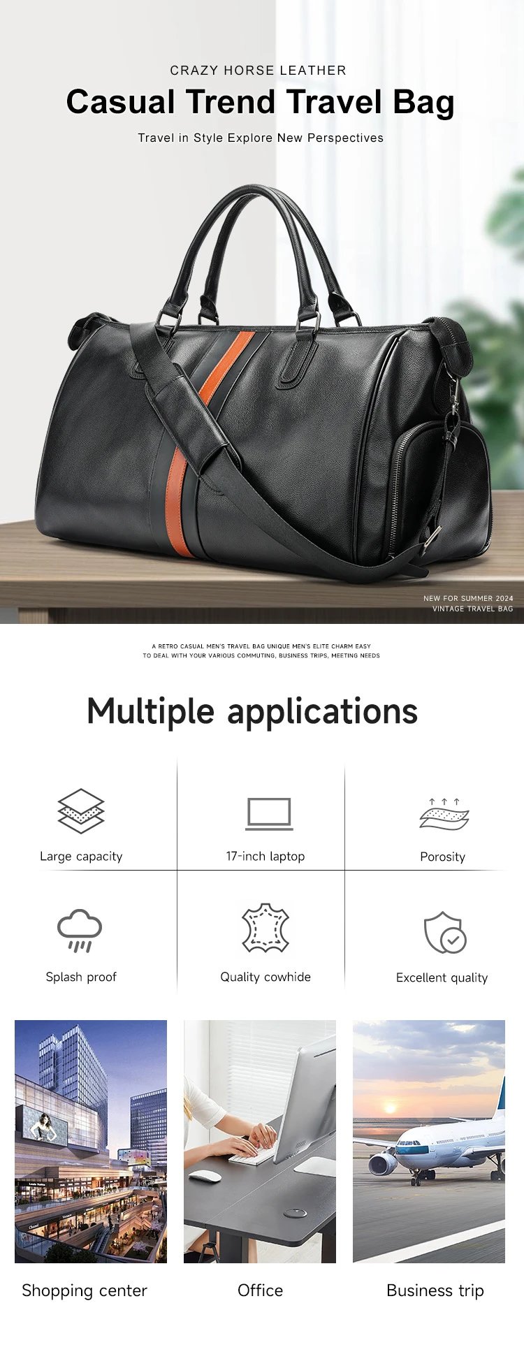 Design Duffle Bag Black with Orange Stripe Travel Bag - 3