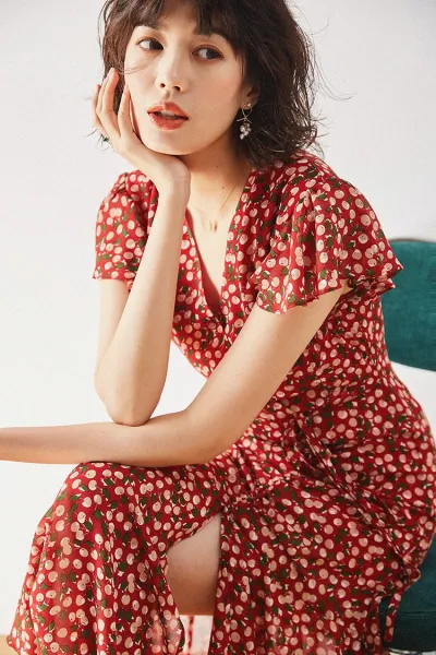Design Red Floral Wrap Maxi Dress with Ruffle Sleeves Dress - 26