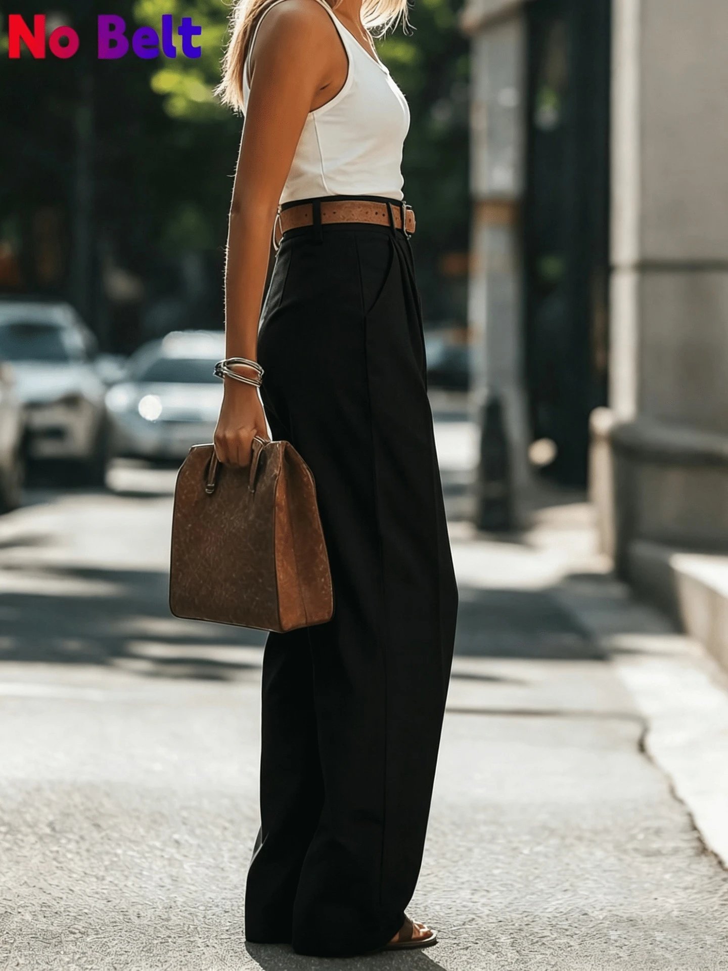 Design Wide-Leg Pleated Trousers Black with Brown Leather Belt Pants - 16
