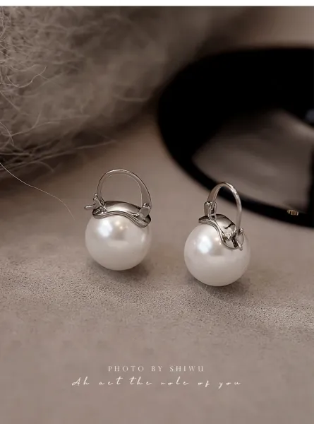 Design Pearl Hoop Earrings Silver White Jewelry - 17