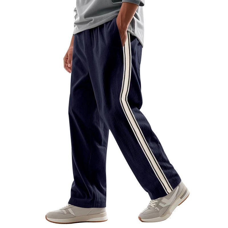 Design Corduroy Track Pants Black with White Stripes Sweatpants - 8