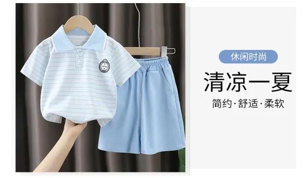 Design Striped Polo Shirt and Gray Shorts Set Kids - 10